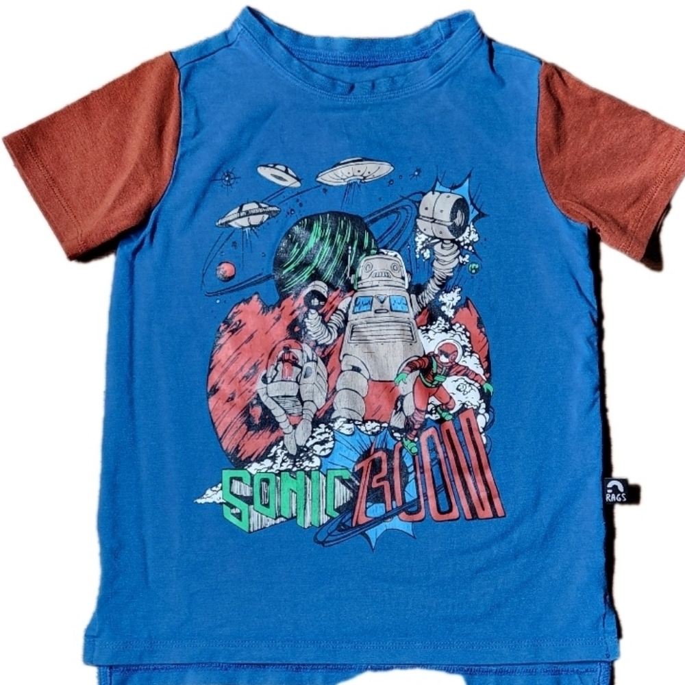 Rags “Sonic Boom” Robot Graphic Tee Blue & Rust – Size 2T